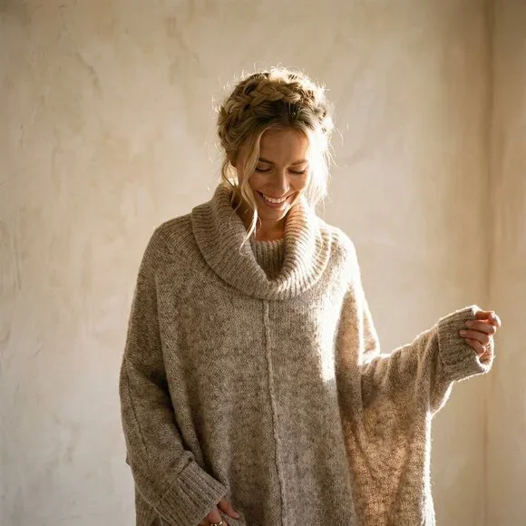 KAISLEY Scandi Neutral Heathered Cowl Turtleneck Boho Oversized Sweater Sz S - Picture 3 of 12